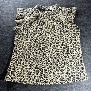 THML Top Blouse Womens Medium Leopard Animal Print Ruffle Sleeve Textured Chic